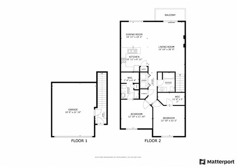 Floor plan for 2 beds, 2 baths, 1230 sqft